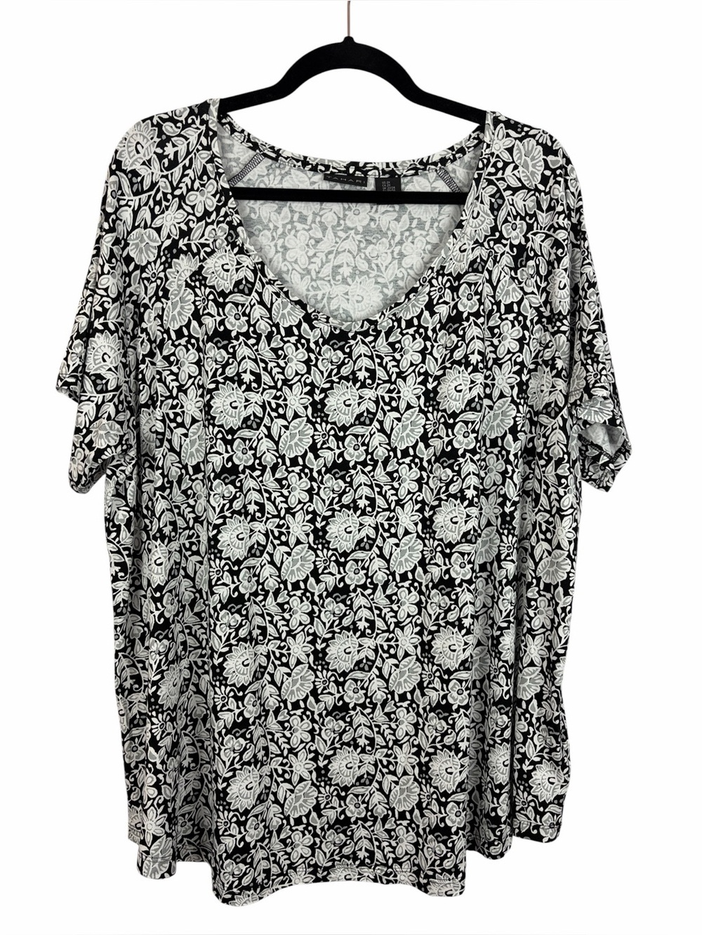 Tahari Black White Floral Print Knit Top 2X Short Sleeve Plus Size